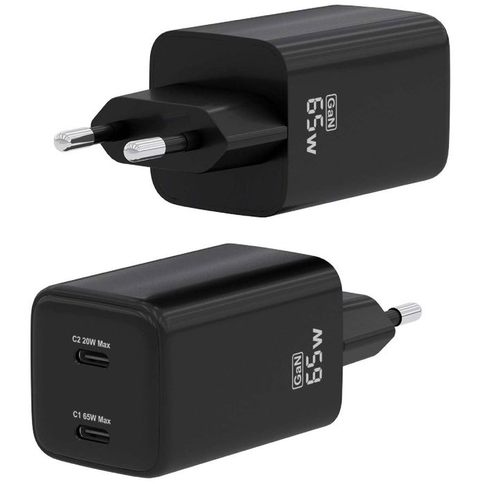 Aisens Cargador GaN 65W con 2x USB-C PD3.0 y QC4.0, Negro